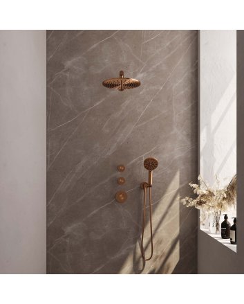 BRAUER Copper Carving thermostatische inbouw regendouche SET 08 met 30 cm douchekop en rechte muurarm en 3-standen handdouche en doucheslang en wandaansluitbocht koper geborsteld PVD