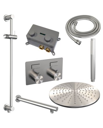 BRAUER Brushed Edition thermostatische inbouw regendouche met drukknoppen SET 62 met 30 cm douchekop en rechte muurarm en staaf handdouche en doucheslang en geïntegreerde glijstang RVS geborsteld PVD