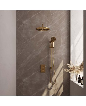 BRAUER Gold Carving thermostatische inbouw regendouche 3-weg omstelling SET 46 met 30 cm douchekop en gebogen muurarm en 3-standen handdouche en doucheslang en geïntegreerde glijstang goud geborsteld PVD