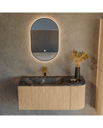 Mondiaz Kurve-Dlux 105cm badmeubel ronding Rechts kleur Oak met 1 lade en 1 deur. Wastafel Big small Links 1 kraangat Lava.