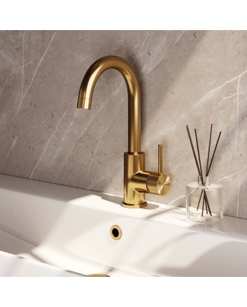 BRAUER Gold Carving hoge opbouw wastafelmengkraan met draaibare ronde uitloop model A goud geborsteld PVD