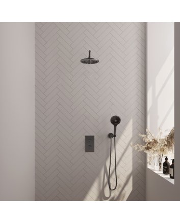 BRAUER Gunmetal Edition thermostatische inbouw regendouche 3-weg omstelling SET 33 met 20 cm douchekop en gebogen muurarm en 3-standen handdouche en doucheslang en wandaansluitbocht gunmetal geborsteld PVD
