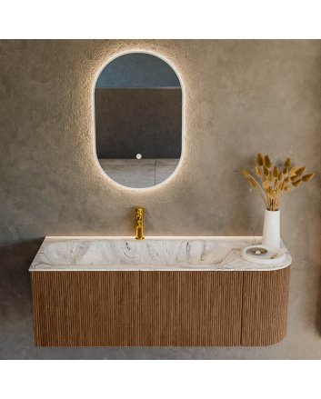 Mondiaz Kurve-Dlux 125cm badmeubel ronding Rechts kleur Walnut met 1 lade en 1 deur. Wastafel Big medium Links 1 kraangat Glace.
