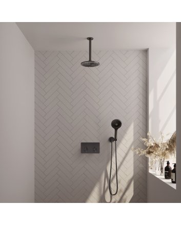 BRAUER Gunmetal Carving thermostatische inbouw regendouche met drukknoppen SET 59 met 20 cm douchekop en plafondarm en 3-standen handdouche en doucheslang en wandaansluitbocht gunmetal geborsteld PVD