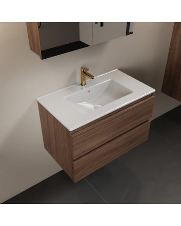 Mondiaz Aivy 80cm badmeubel Mocha, wastafel glanzend wit keramiek midden 1 kraangat met spiegelkast