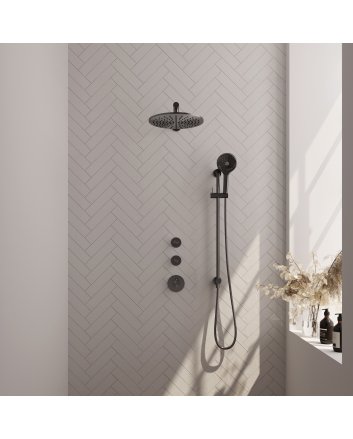 BRAUER Gunmetal Edition thermostatische inbouw regendouche SET 20 met 30 cm douchekop en rechte muurarm en 3-standen handdouche en doucheslang en geïntegreerde glijstang gunmetal geborsteld PVD