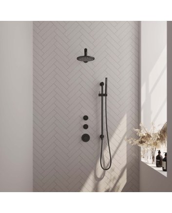 BRAUER Black Edition thermostatische inbouw regendouche SET 13 met 20 cm douchekop en rechte muurarm en staaf handdouche en doucheslang en geïntegreerde glijstang mat zwart