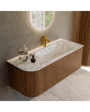 Mondiaz Kurve-Dlux 115cm badmeubel ronding Links kleur Walnut met 1 lade en 1 deur. Wastafel Big small Rechts 1 kraangat Glace.