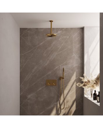BRAUER Gold Edition thermostatische inbouw regendouche met drukknoppen SET 53 met 20 cm douchekop en plafondarm en staaf handdouche en doucheslang en wandaansluitbocht goud geborsteld PVD