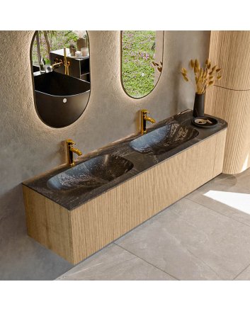 Mondiaz Kurve-Dlux 175cm badmeubel ronding Rechts kleur Oak met 2 lades en 1 deur. Wastafel Stor small Dubbel / Links 2 kraangaten Lava.