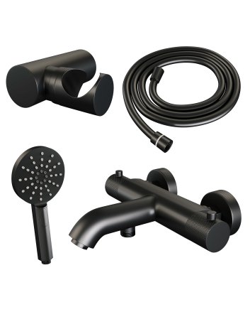 BRAUER Black Carving opbouw baddouche thermostaatkraan SET 04 met wandhouder en 3-standen handdouche en doucheslang mat zwart
