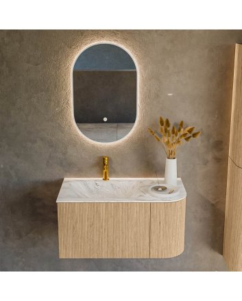 Mondiaz Kurve-Dlux 85cm badmeubel ronding Rechts kleur Oak met 1 lade en 1 deur. Wastafel Cloud Links 1 kraangat Glace.