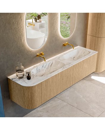 Mondiaz Kurve-Dlux 175cm badmeubel ronding Links kleur Oak met 2 lades en 1 deur. Wastafel Stor small Dubbel / Rechts zonder kraangat Glace.