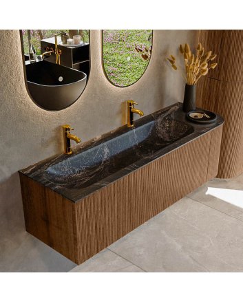 Mondiaz Kurve-Dlux 145cm badmeubel ronding Rechts kleur Walnut met 1 lade en 1 deur. Wastafel Big large Links 2 kraangaten Lava.