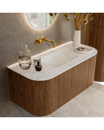 Mondiaz Kurve-Dlux 100cm badmeubel ronding Links + Rechts kleur Walnut met 1 lade en 2 deuren. Wastafel Grunne Midden zonder kraangat Opalo.