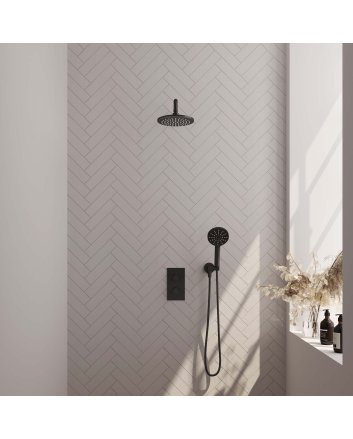 BRAUER Black Carving thermostatische inbouw regendouche 3-weg omstelling SET 33 met 20 cm douchekop en gebogen muurarm en 3-standen handdouche en doucheslang en wandaansluitbocht mat zwart