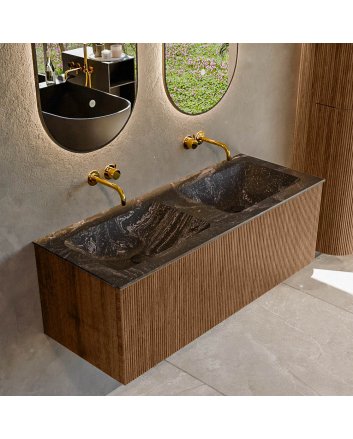 Mondiaz Kurve-Dlux 120cm badmeubel kleur Walnut met 1 lade en 0 deuren. Wastafel Leaf Dubbel zonder kraangat Lava.