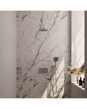 BRAUER Chrome Carving thermostatische inbouw regendouche met drukknoppen SET 57 met 20 cm douchekop en gebogen muurarm en 3-standen handdouche en doucheslang en wandaansluitbocht chroom