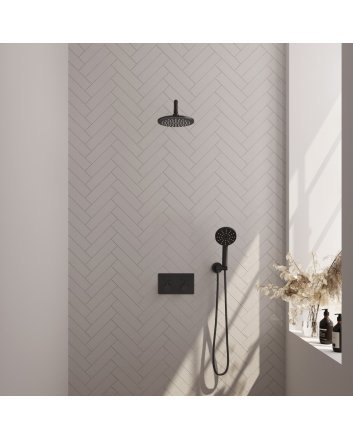 BRAUER Black Carving thermostatische inbouw regendouche met drukknoppen SET 57 met 20 cm douchekop en gebogen muurarm en 3-standen handdouche en doucheslang en wandaansluitbocht mat zwart