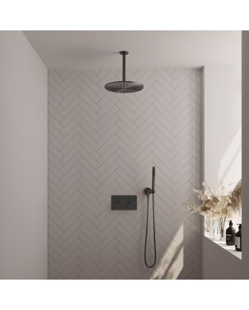 BRAUER Gunmetal Carving thermostatische inbouw regendouche met drukknoppen SET 54 met 30 cm douchekop en plafondarm en staaf handdouche en doucheslang en wandaansluitbocht gunmetal geborsteld PVD