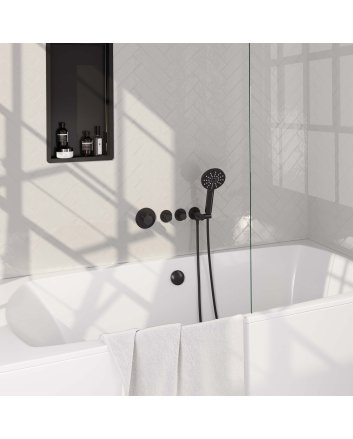 BRAUER Black Carving thermostatische inbouw badkraan SET 02 met badvulcombinatie en 3-standen handdouche en doucheslang en wandaansluitbocht mat zwart