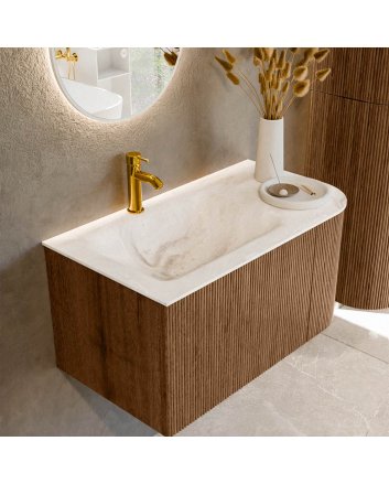 Mondiaz Kurve-Dlux 85cm badmeubel ronding Rechts kleur Walnut met 1 lade en 1 deur. Wastafel Cloud Links 1 kraangat Frappe.