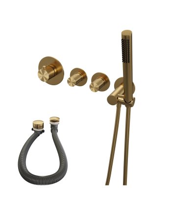 BRAUER Gold Carving thermostatische inbouw badkraan SET 01 met badvulcombinatie en staaf handdouche en doucheslang en wandaansluitbocht goud geborsteld PVD