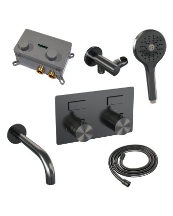 BRAUER Gunmetal Carving thermostatische inbouw badkraan met drukknoppen SET 04 met uitloop en 3-standen handdouche en doucheslang en wandaansluitbocht gunmetal geborsteld PVD