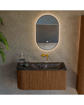 Mondiaz Kurve-Dlux 95cm badmeubel ronding Links kleur Walnut met 1 lade en 1 deur. Wastafel Big small Rechts zonder kraangat Lava.