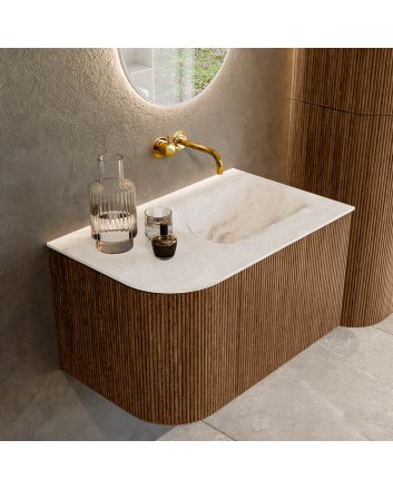 Mondiaz Kurve-Dlux 75cm badmeubel ronding Links kleur Walnut met 1 lade en 1 deur. Wastafel Grunne Rechts zonder kraangat Frappe.