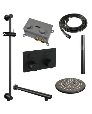 BRAUER Black Carving thermostatische inbouw regendouche met drukknoppen SET 61 met 20 cm douchekop en rechte muurarm en staaf handdouche en doucheslang en geïntegreerde glijstang mat zwart