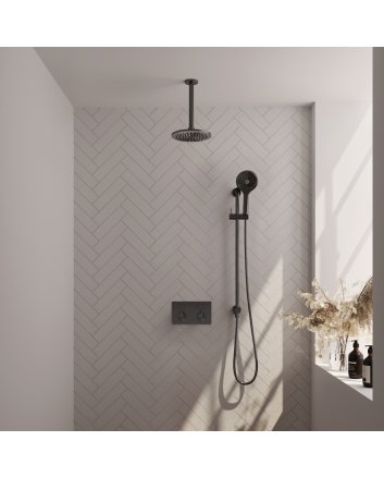 BRAUER Gunmetal Edition thermostatische inbouw regendouche met drukknoppen SET 71 met 20 cm douchekop en plafondarm en 3-standen handdouche en doucheslang en geïntegreerde glijstang gunmetal geborsteld PVD