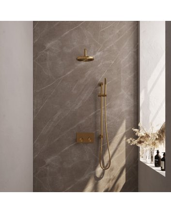 BRAUER Gold Carving thermostatische inbouw regendouche met drukknoppen SET 63 met 20 cm douchekop en gebogen muurarm en staaf handdouche en doucheslang en geïntegreerde glijstang goud geborsteld PVD