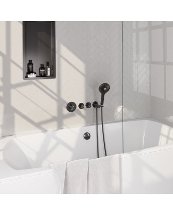 BRAUER Gunmetal Carving thermostatische inbouw badkraan SET 02 met badvulcombinatie en 3-standen handdouche en doucheslang en wandaansluitbocht gunmetal geborsteld PVD