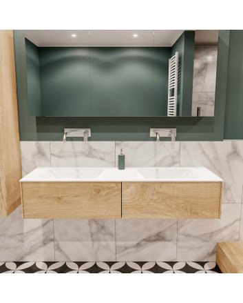 Mondiaz Lush 150 badmeubel washed oak 2 lades wastafel dubbel geen kraangat