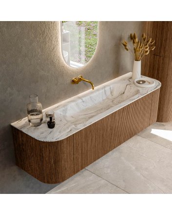Mondiaz Kurve-Dlux 160cm badmeubel ronding Links + Rechts kleur Walnut met 1 lade en 2 deuren. Wastafel Big medium Midden zonder kraangat Glace.