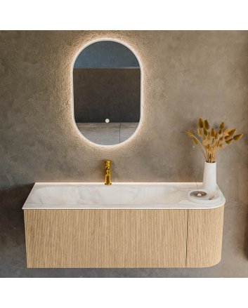 Mondiaz Kurve-Dlux 125cm badmeubel ronding Rechts kleur Oak met 1 lade en 1 deur. Wastafel Big medium Links 1 kraangat Ostra.
