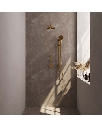 BRAUER Gold Edition thermostatische inbouw regendouche SET 21 met 20 cm douchekop en gebogen muurarm en 3-standen handdouche en doucheslang en geïntegreerde glijstang goud geborsteld PVD