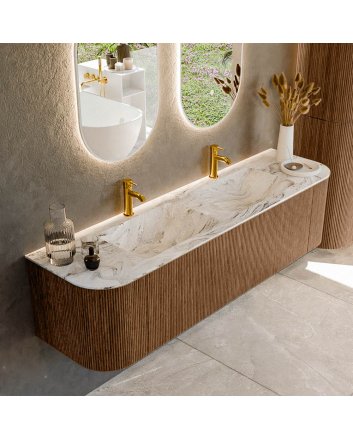 Mondiaz Kurve-Dlux 170cm badmeubel ronding Links + Rechts kleur Walnut met 1 lade en 2 deuren. Wastafel Leaf Dubbel 2 kraangaten Glace.