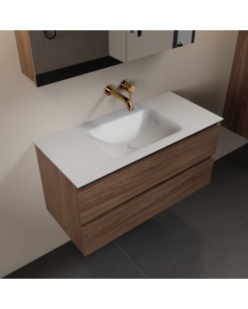 Mondiaz Aivy 100cm badmeubel Mocha, wastafel Talc solid surface midden zonder kraangat met spiegelkast