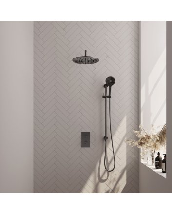 BRAUER Gunmetal Carving thermostatische inbouw regendouche 3-weg omstelling SET 46 met 30 cm douchekop en gebogen muurarm en 3-standen handdouche en doucheslang en geïntegreerde glijstang gunmetal geborsteld PVD