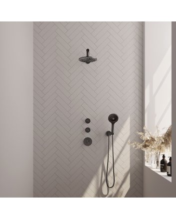 BRAUER Gunmetal Carving thermostatische inbouw regendouche SET 07 met 20 cm douchekop en rechte muurarm en 3-standen handdouche en doucheslang en wandaansluitbocht gunmetal geborsteld PVD