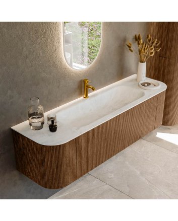 Mondiaz Kurve-Dlux 160cm badmeubel ronding Links + Rechts kleur Walnut met 1 lade en 2 deuren. Wastafel Big medium Midden 1 kraangat Opalo.