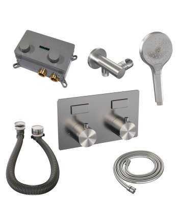 BRAUER Brushed Edition thermostatische inbouw badkraan met drukknoppen SET 04 met badvulcombinatie en 3-standen handdouche en doucheslang en wandaansluitbocht RVS geborsteld PVD