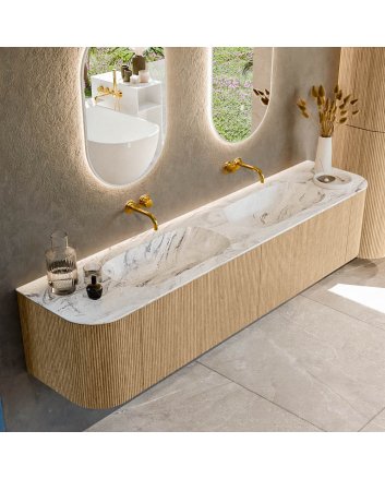 Mondiaz Kurve-Dlux 200cm badmeubel ronding Links + Rechts kleur Oak met 2 lades en 2 deuren. Wastafel Stor small Dubbel zonder kraangat Glace.