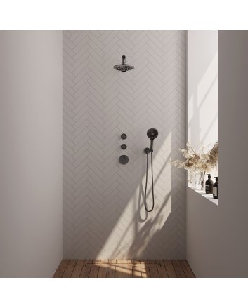 BRAUER Gunmetal Edition thermostatische inbouw regendouche SET 07 met 20 cm douchekop en rechte muurarm en 3-standen handdouche en doucheslang en wandaansluitbocht gunmetal geborsteld PVD