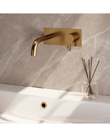 BRAUER Gold Edition inbouw wastafelmengkraan met gebogen uitloop en afdekplaat model E1 goud geborsteld PVD