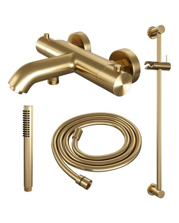 BRAUER Gold Edition opbouw baddouche thermostaatkraan SET 01 met glijstang en staaf handdouche en doucheslang goud geborsteld PVD