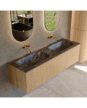 Mondiaz Kurve-Dlux 150cm badmeubel kleur Oak met 2 lades en 0 deuren. Wastafel Stor small Dubbel zonder kraangat Lava.