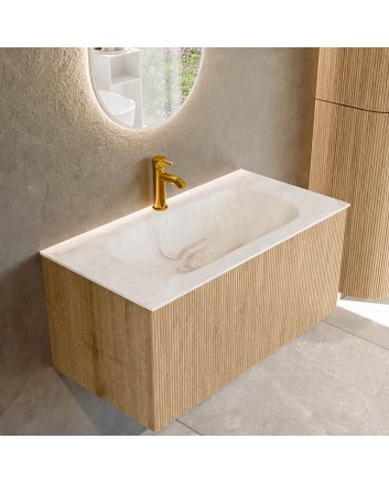 Mondiaz Kurve-Dlux 90cm badmeubel kleur Oak met 1 lade en 0 deuren. Wastafel Big small Midden 1 kraangat Frappe.